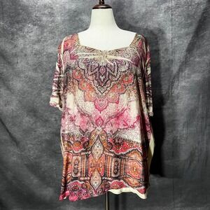 Liz & Me Collectors Series Tee Plus Sz 22/24W Pink Paisley Mandala Boho Studded